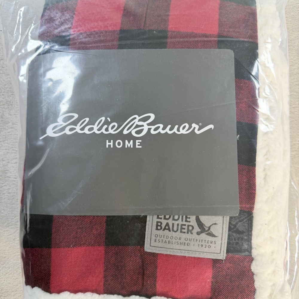 Eddie Bauer Throw Blanket Cabin Plaid Red Black Cotton Faux Shearling 50x60 Cozy